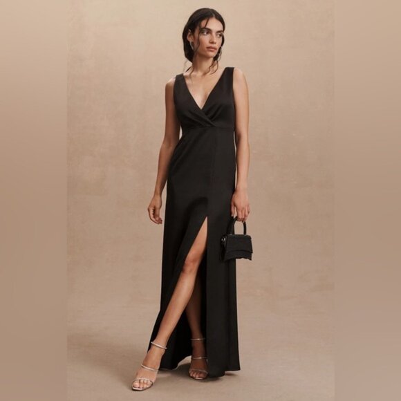 Anthropologie BHLDN Piper V Neck Side Satin Elegant Black